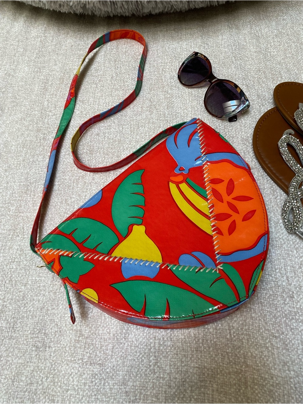 Charles Jourdan Vintage Red Tropical Fruit Print Shoulder Crossbody Bag